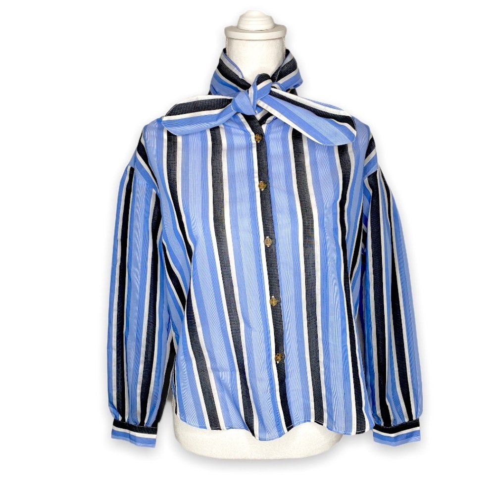 Anthropologie Classic-fit Tie-neck The Korner Striped Long Sleeve Blue Blouse